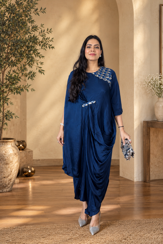 Satin Georgette Drape Dress- Midnight Blue