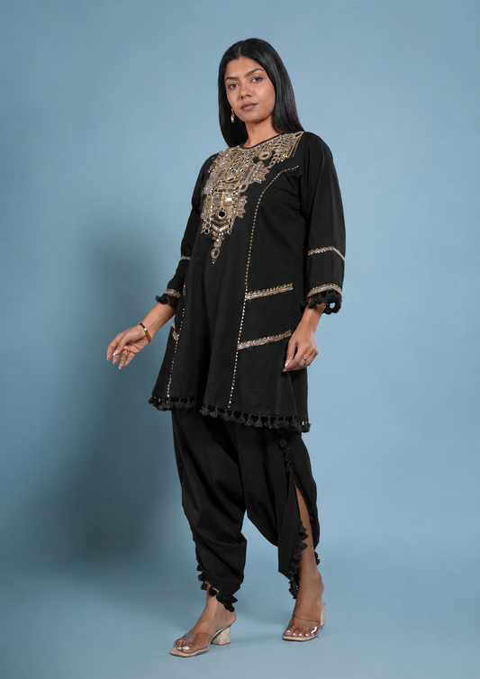 Embellished Neckline Kurta Dhoti Cotton Set- Black