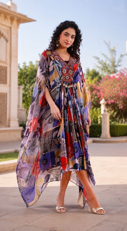 Printed Kaftan With Embellished Neckline