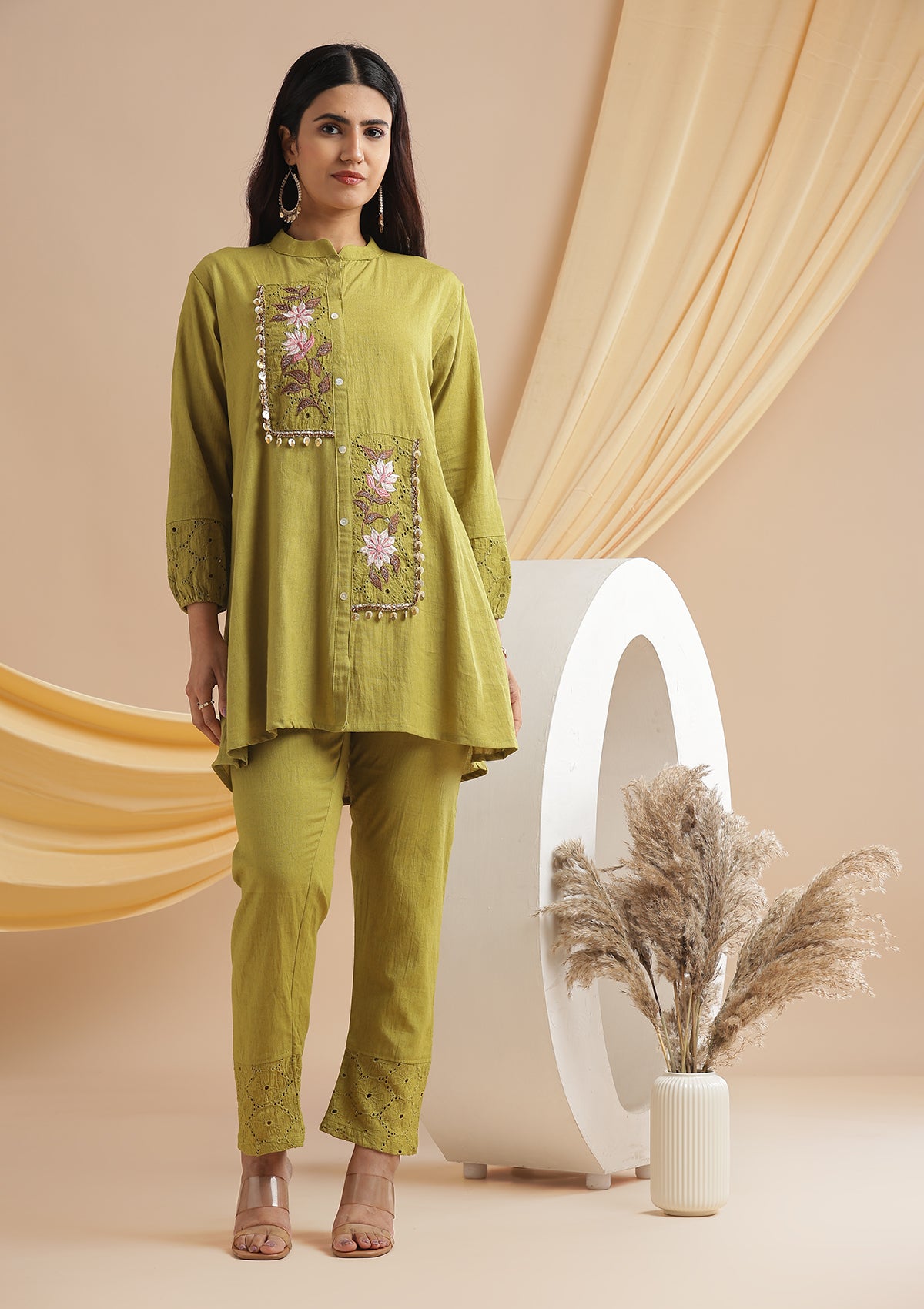 Linen Cotton Co-Ord Set With Schiffli Work & Thread Detailing - Pistacio Green Linen Cotton Co-Ord Set With Schiffli Work & Thread Detailing - Pistacio Green