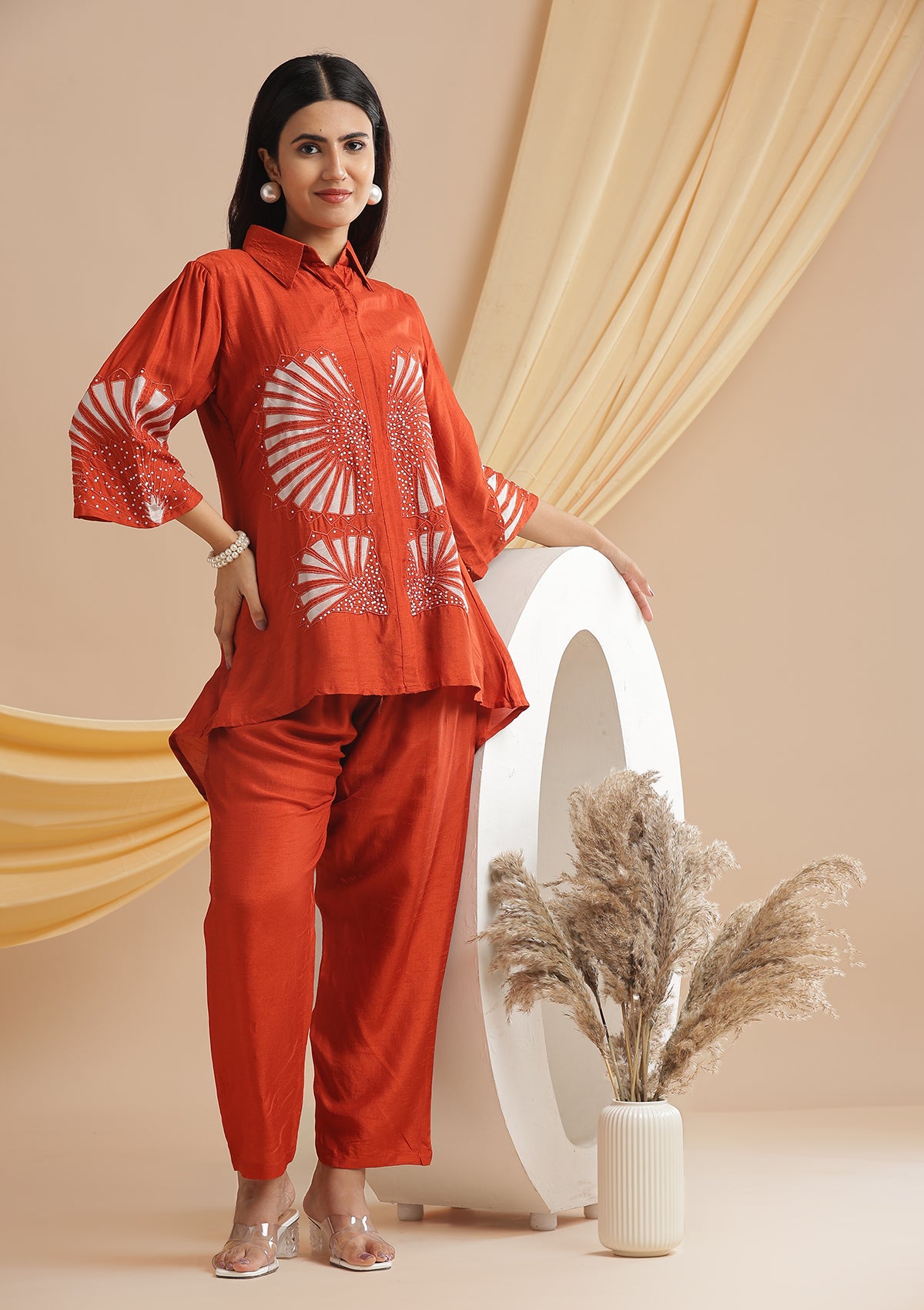 Bell Sleeves Sequin and Threadwork Floral Embroidered Co-Ord Set - Orange Bell Sleeves Sequin and Threadwork Floral Embroidered Co-Ord Set - Orange