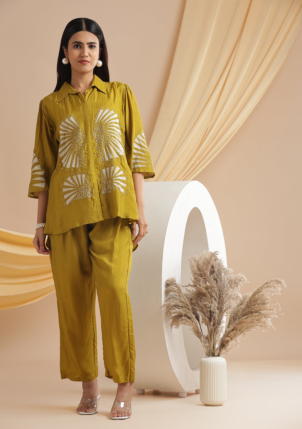 Bell Sleeves Sequin and Threadwork Floral Embroidered Co-Ord Set - Mustard Yellow Bell Sleeves Sequin and Threadwork Floral Embroidered Co-Ord Set - Mustard Yellow