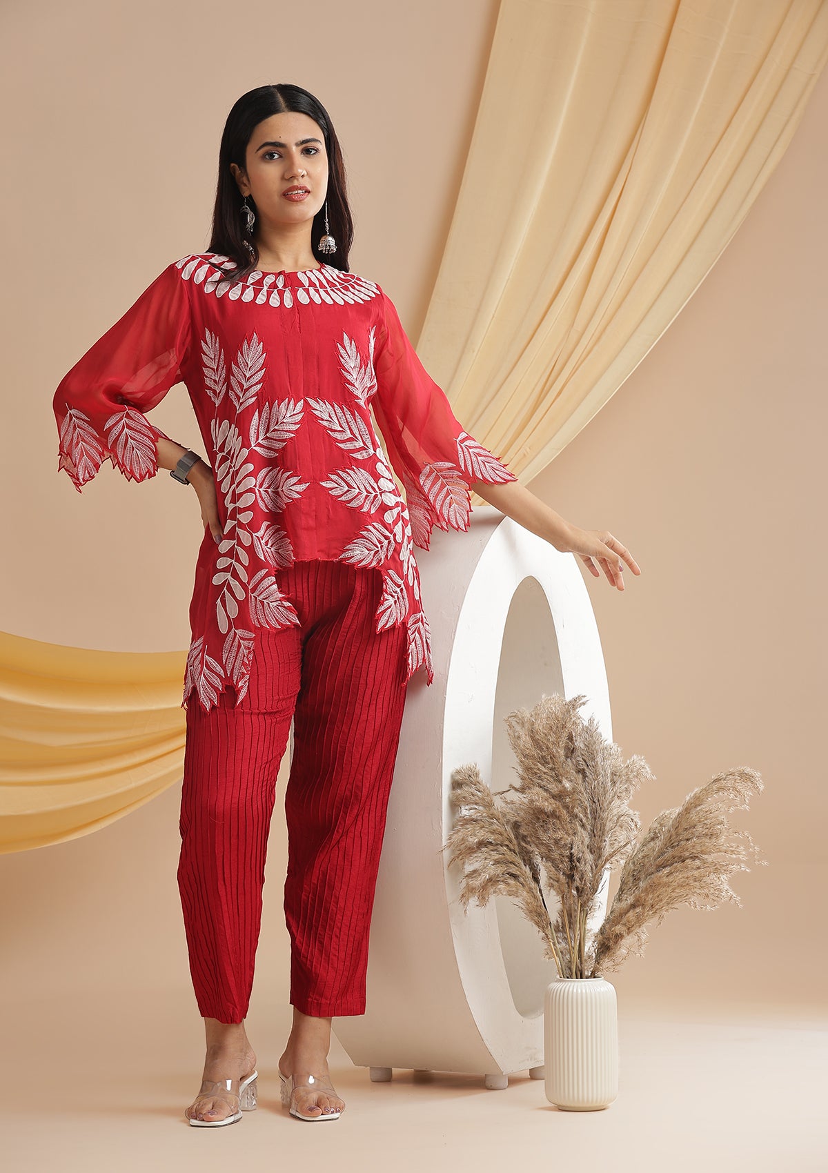3 Piece Organza Leaf Cutwork Co-Ord Set - Cherry Red 3 Piece Organza Leaf Cutwork Co-Ord Set - Cherry Red