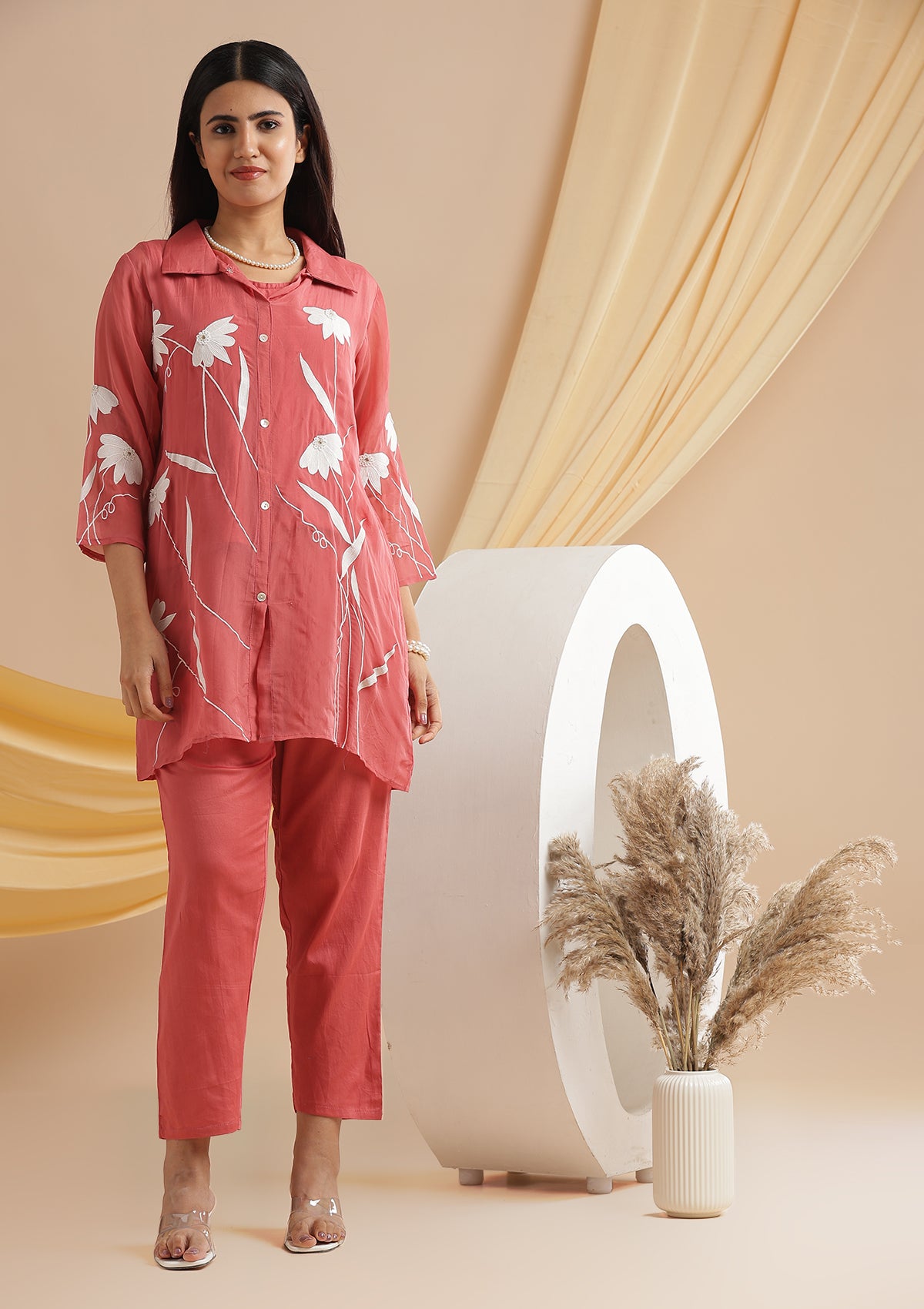 3 Piece Organza Floral Motif Co-Ord Set - Flamingo Pink 3 Piece Organza Floral Motif Co-Ord Set - Flamingo Pink