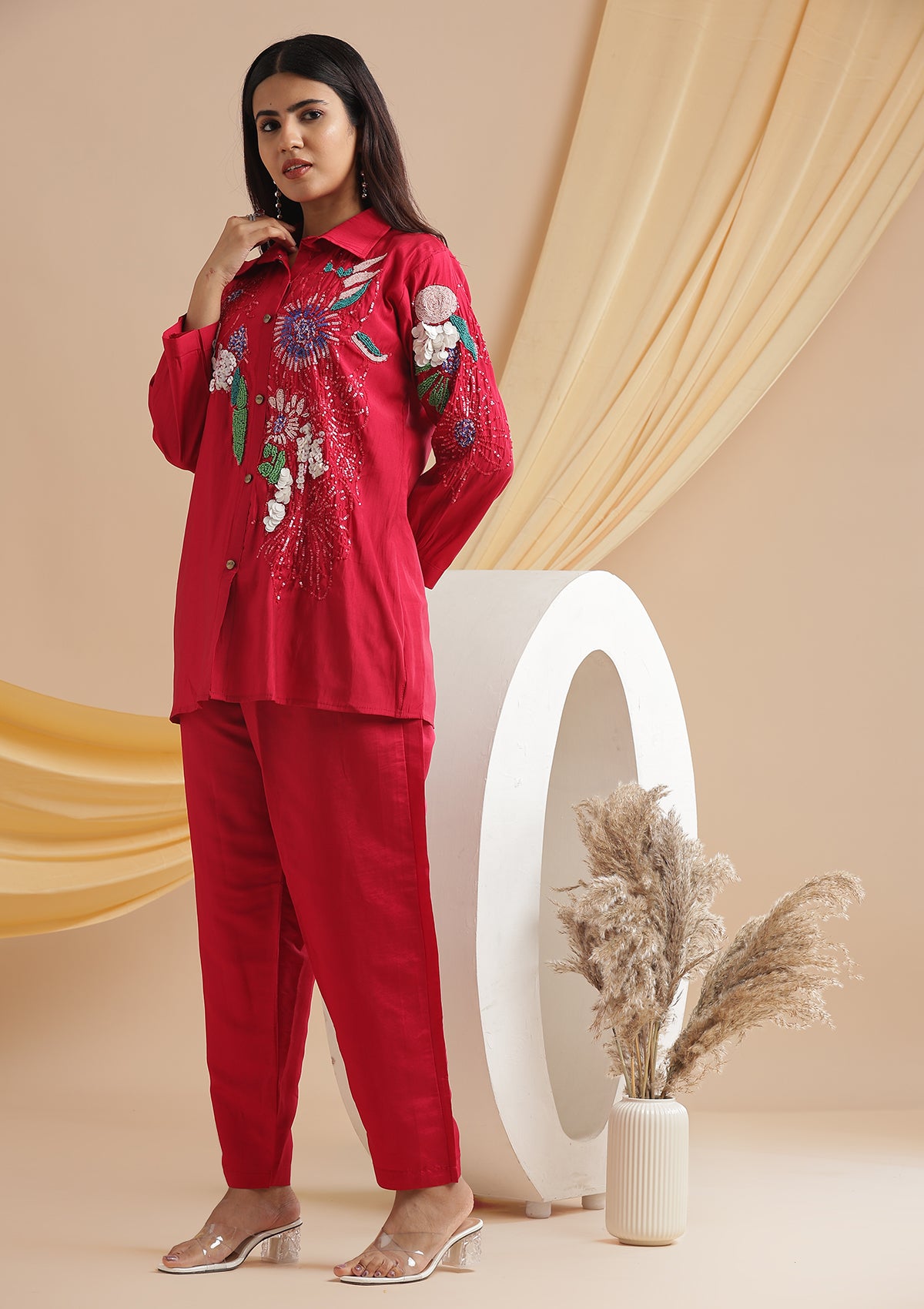 Handcrafted Colourful Sequin and Shell Detailing Work Co-Ord Set - Cherry Red Handcrafted Colourful Sequin and Shell Detailing Work Co-Ord Set - Cherry Red