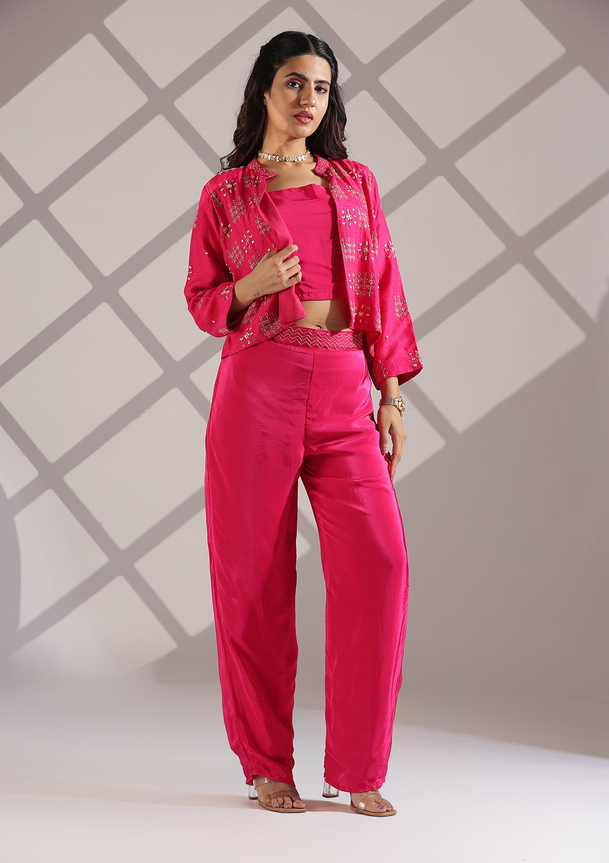 3 Piece Indo Western With Beautiful Handcrafted Sequin Work - Fuchsia Pink