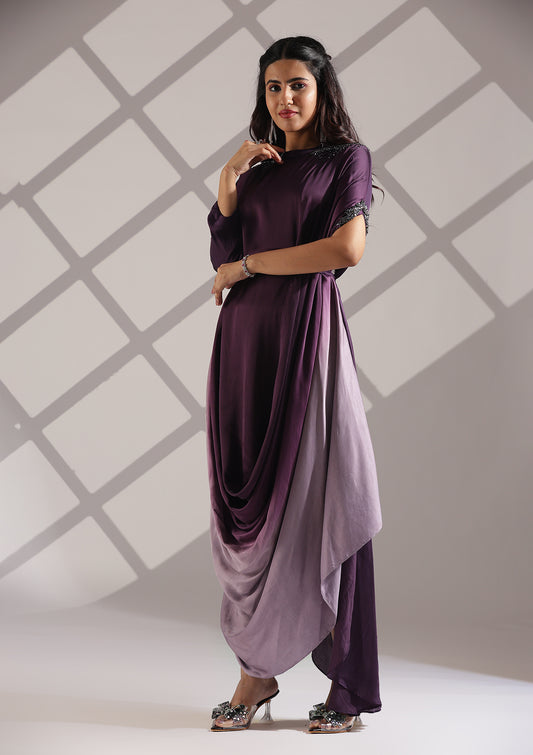 Flowy Kaftan Gown with a Belt - A Beautiful Ombre Effect Silhouette - Purple