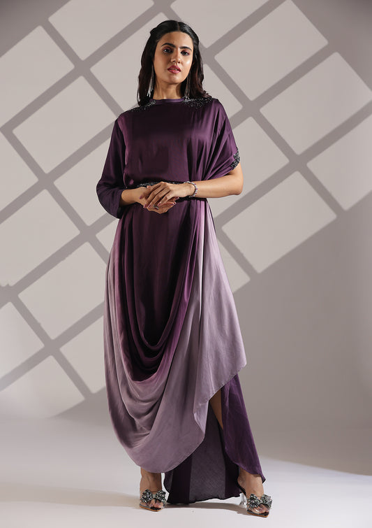 Flowy Kaftan Gown with a Belt - A Beautiful Ombre Effect Silhouette - Purple