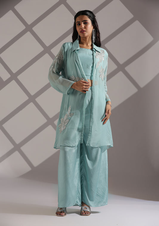Statement 3 Piece Indowestern Set with Organza Jacket - Ice Blue