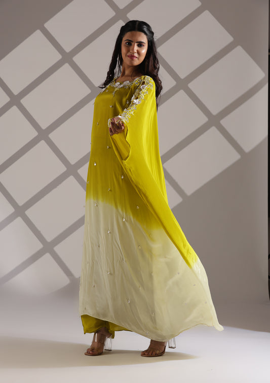 Ombre Effect Kaftan-Pant Set with Patterned Sleeves - Lime Green