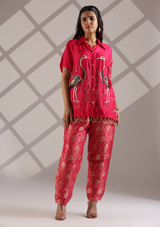 Russian Silk Co-Ord Set with Abstract Embroidery Detailing & Brocade Print Pant - Fushcia Pink