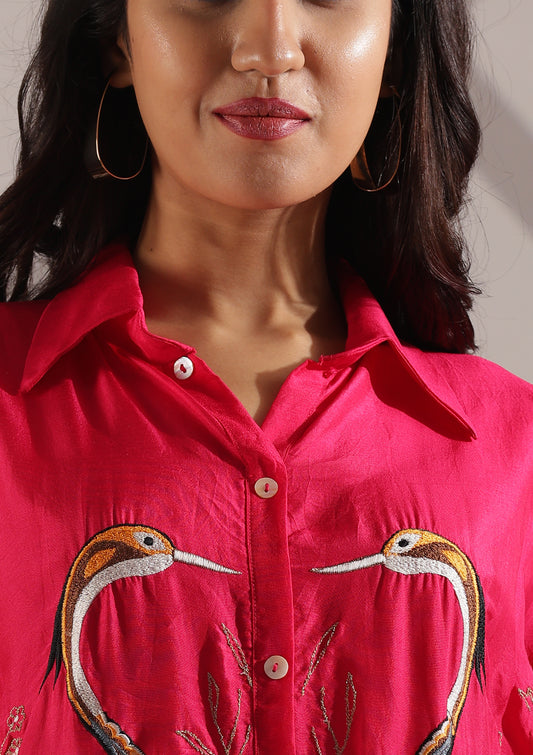 Russian Silk Co-Ord Set with Abstract Embroidery Detailing & Brocade Print Pant - Fushcia Pink