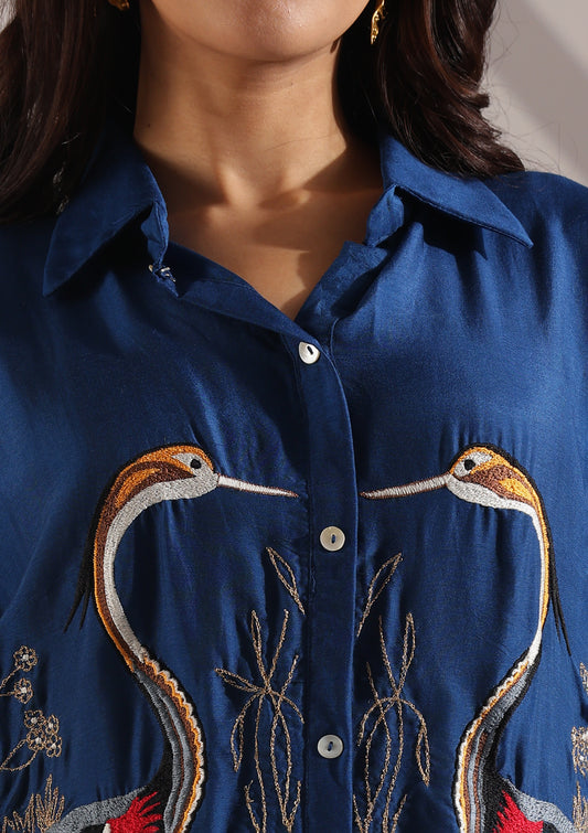 Russian Silk Co-Ord Set with Abstract Embroidery Detailing & Brocade Print Pant - Royal Blue