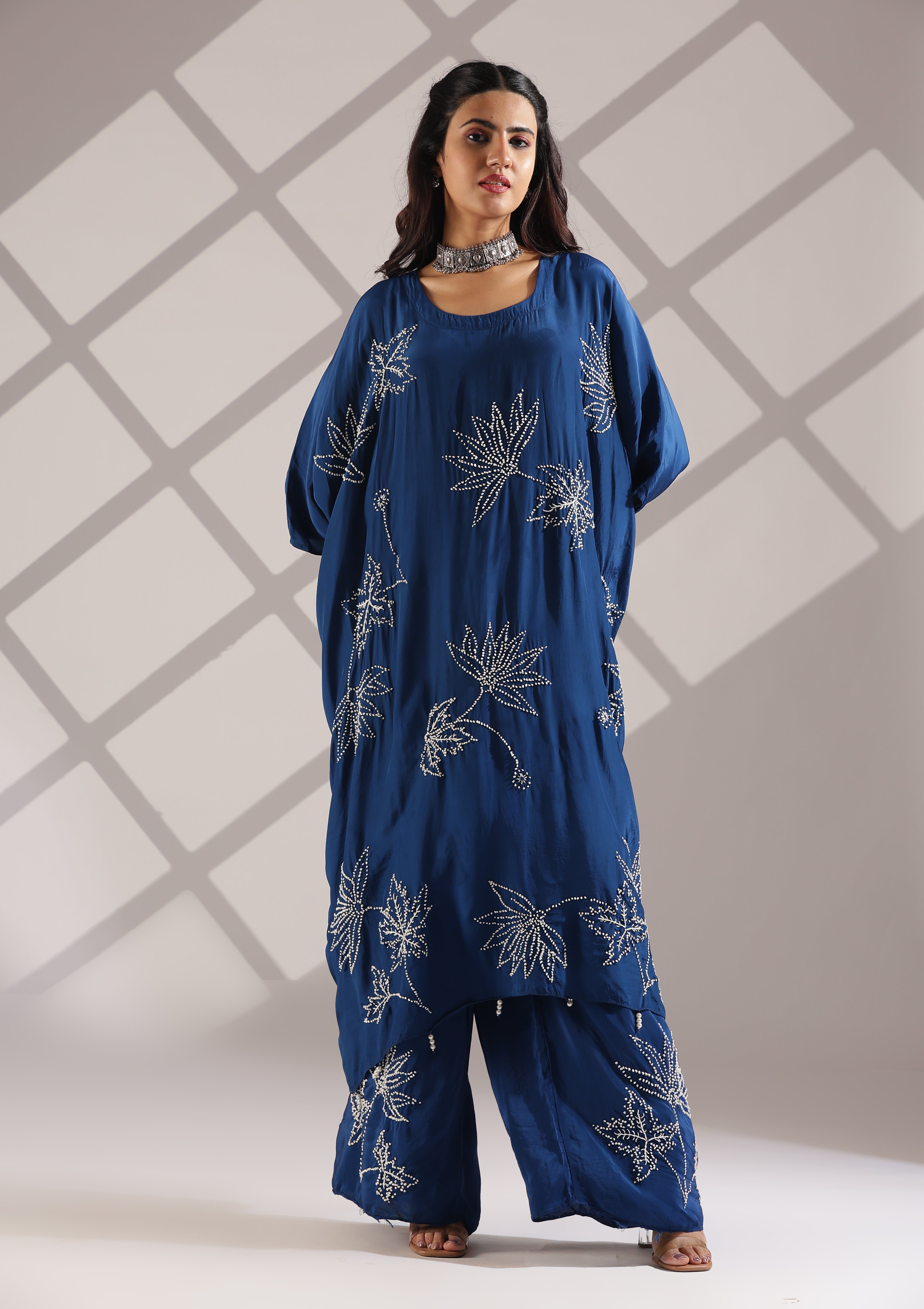 Graceful Thread Knot Embroidered Kaftan-Pant Set - Royal Blue Graceful Thread Knot Embroidered Kaftan-Pant Set - Royal Blue