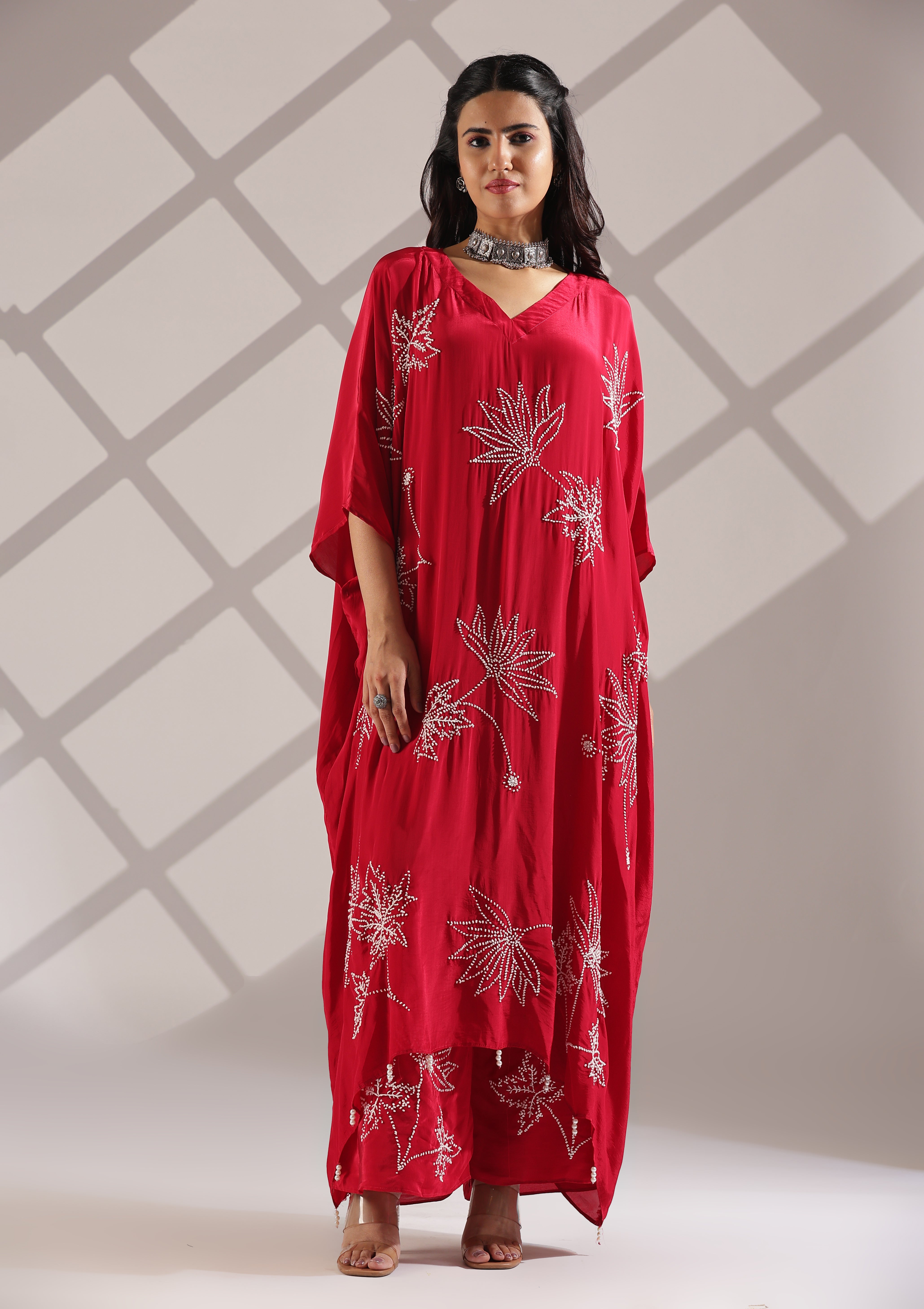 Graceful Thread Knot Embroidered Kaftan-Pant Set - Red Graceful Thread Knot Embroidered Kaftan-Pant Set - Red