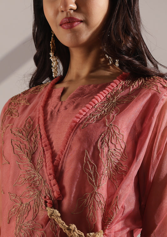 Delicate 3 Piece Indowestern Set With Rope Detailing & Thread Work - Mauve Pink