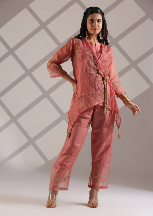 Delicate 3 Piece Indowestern Set With Rope Detailing & Thread Work - Mauve Pink