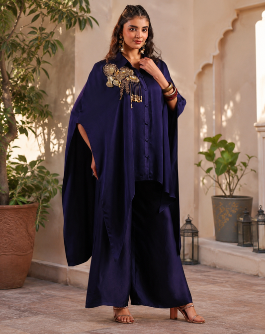 Gold Embellished Kaftan Palazzo Set- Purple