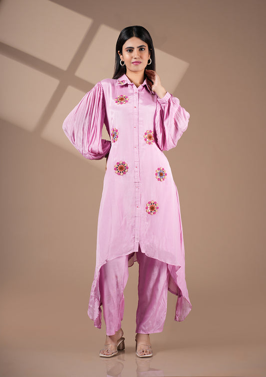 High-Low Pink Co-Ord Set With Bishop Sleeves