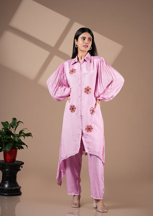 High-Low Pink Co-Ord Set With Bishop Sleeves