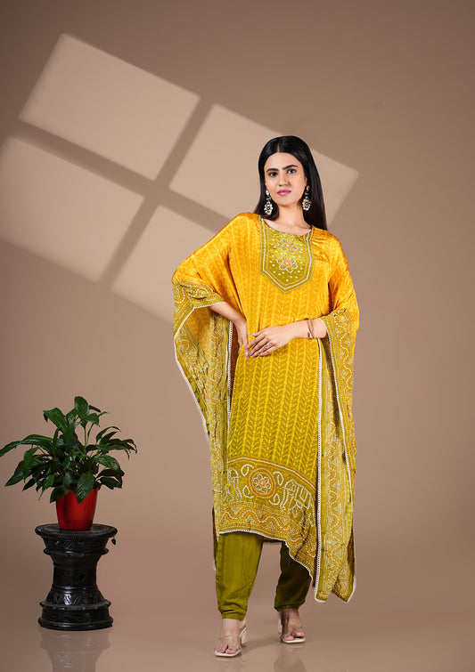 Yellow & Green Bandhani Print Kaftan Set