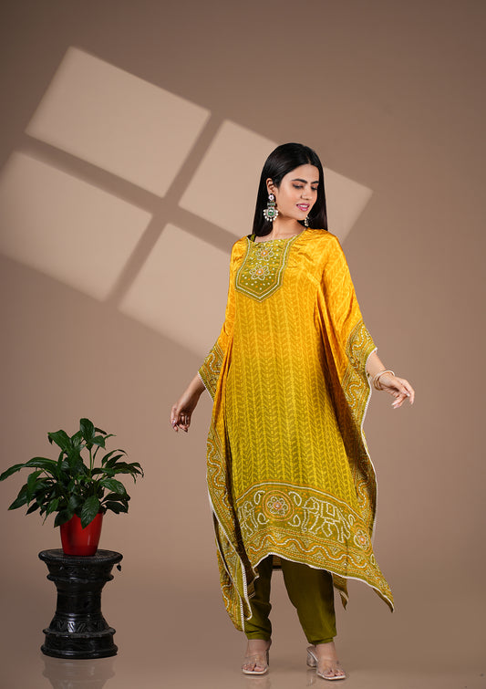 Yellow & Green Bandhani Print Kaftan Set