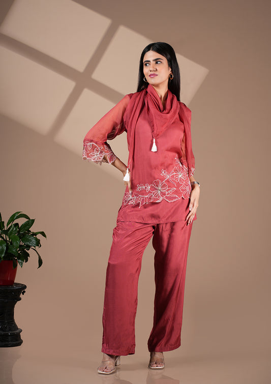 Embroidered Organza Coord Set With Scarf