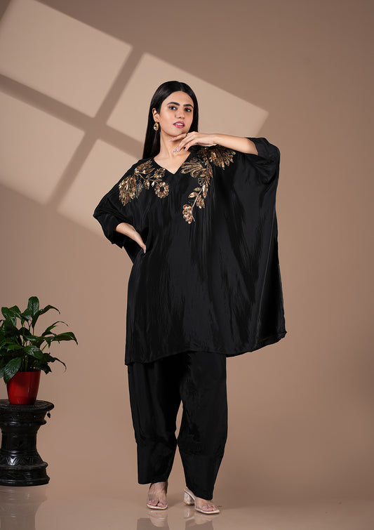 Black Farshi Kaftan Set With Handwork Detailing