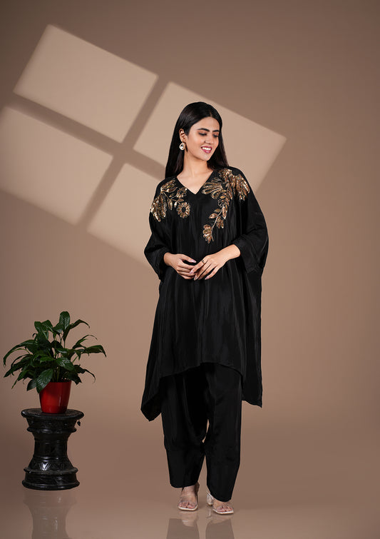 Black Farshi Kaftan Set With Handwork Detailing