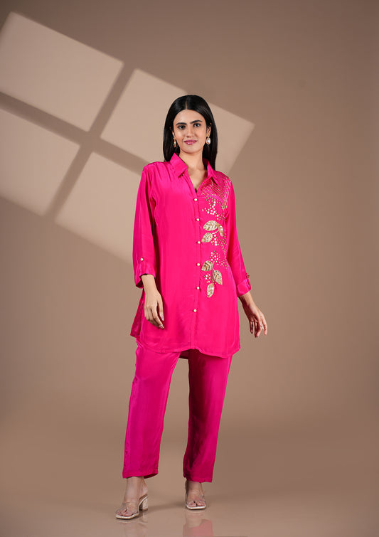 Hand Embroidered Pink Crepe Co-Ord Set