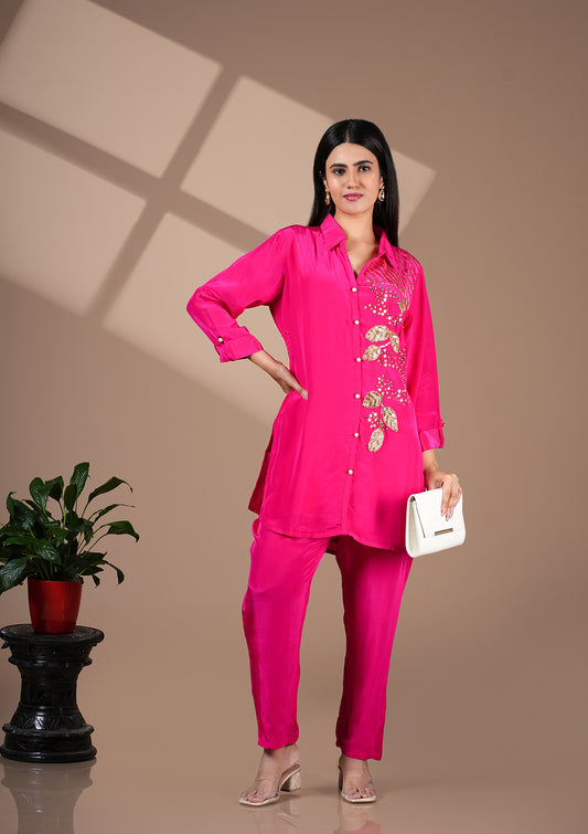 Hand Embroidered Pink Crepe Co-Ord Set