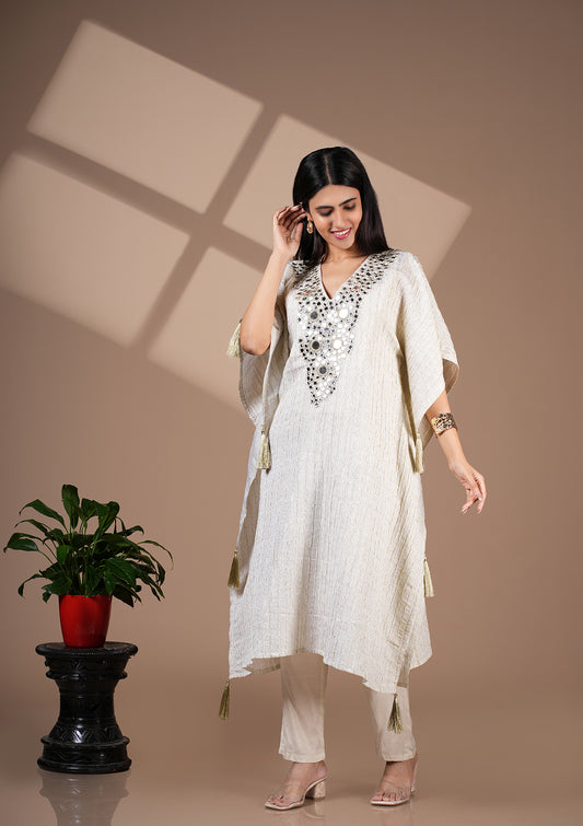 Ivory Real Mirror Work Kaftan Set