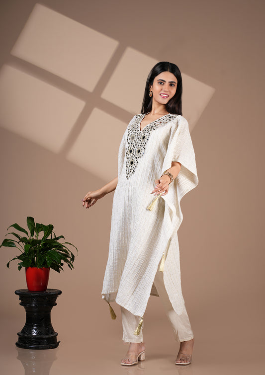 Ivory Real Mirror Work Kaftan Set