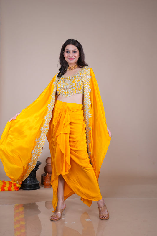 Amara Embellished Cape-Skirt Set- Mustard Yellow
