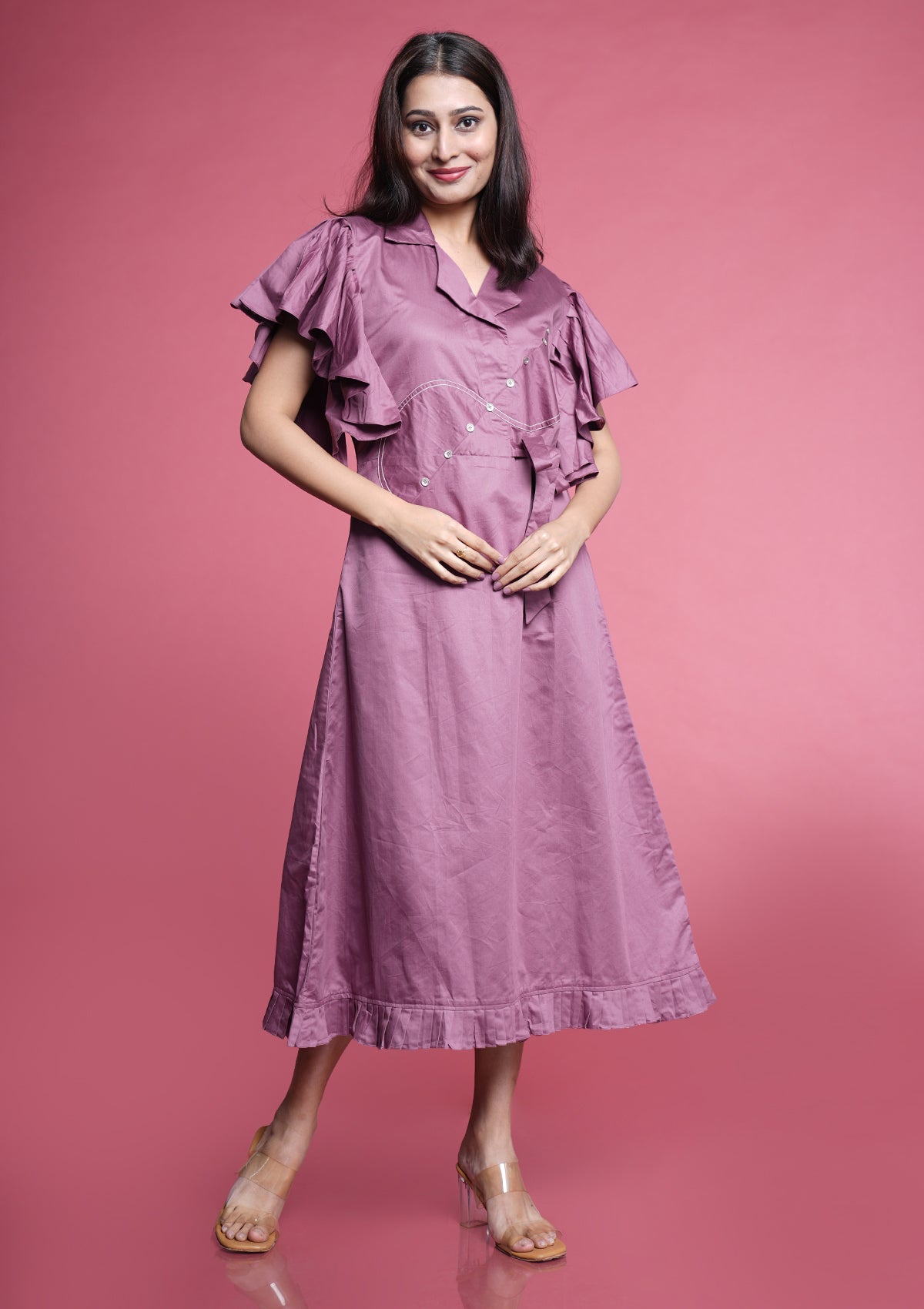 Mauve Dress With Patterned Sleeves – Patoola Clothing