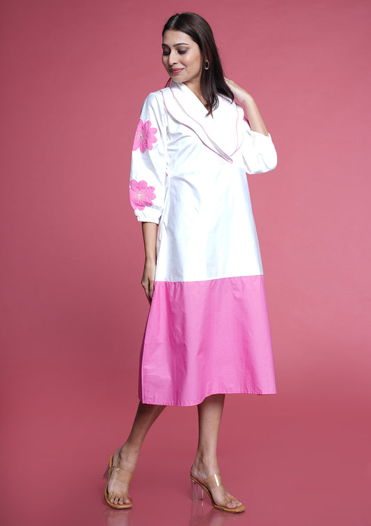 Lapelled Dress With Floral Appliques