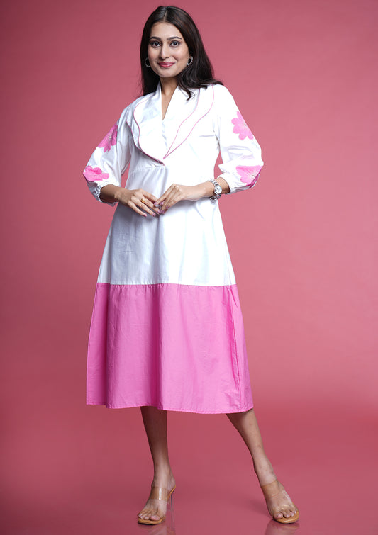 Lapelled Dress With Floral Appliques