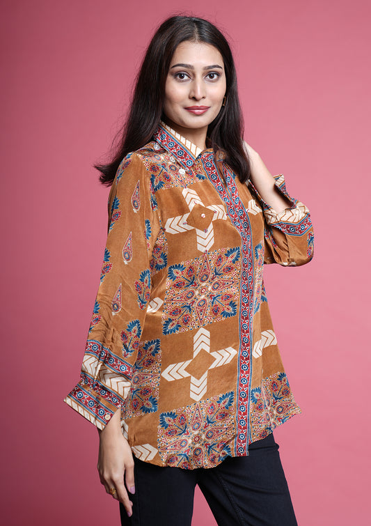 Premium Crepe Ajrakh Printed Shirt With Coin Accents