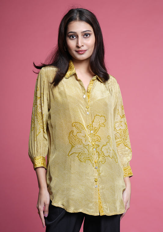 Premium Crepe Bandhani Printed Shirt With Bishop Sleeves