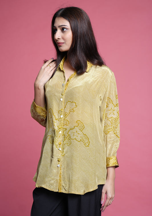 Premium Crepe Bandhani Printed Shirt With Bishop Sleeves