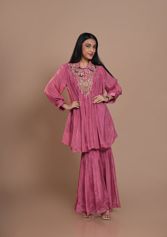 Blush Pink Chinnon Pleated Sharara Set