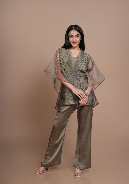 Organza Wrap Co-Ord Set with Lace Detailing & Adjustable Belt