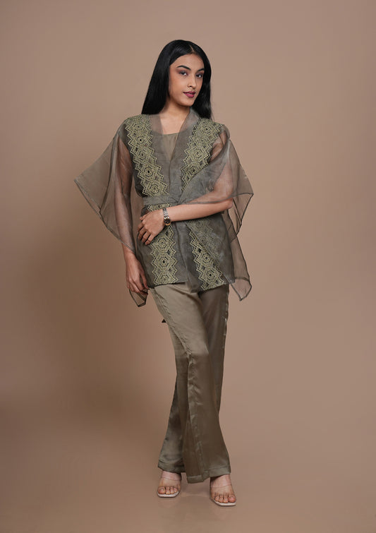 Organza Wrap Co-Ord Set with Lace Detailing & Adjustable Belt