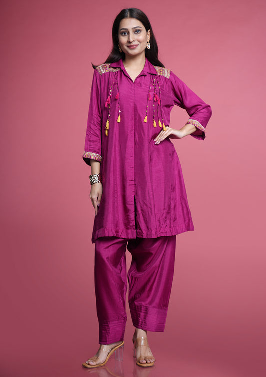 Dola Silk Zardozi Set With Farshi Pant- Magenta