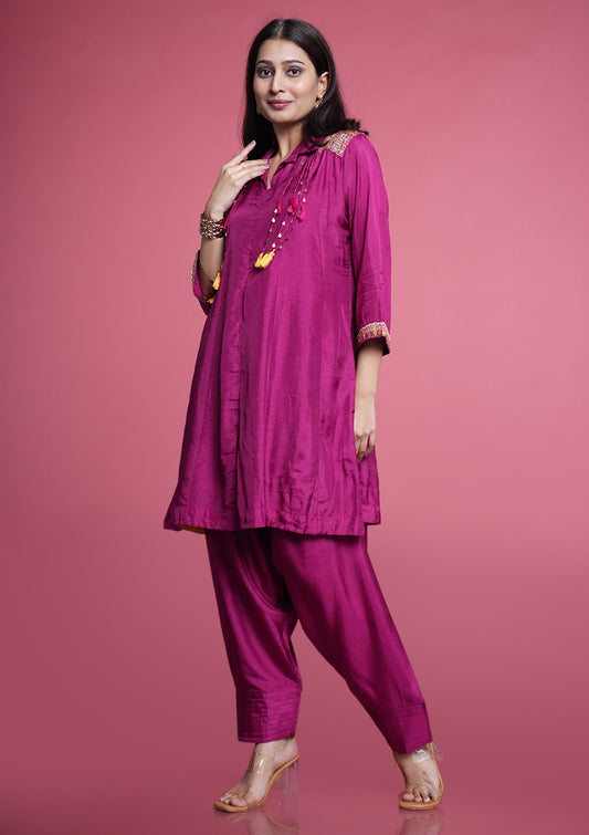 Dola Silk Zardozi Set With Farshi Pant- Magenta