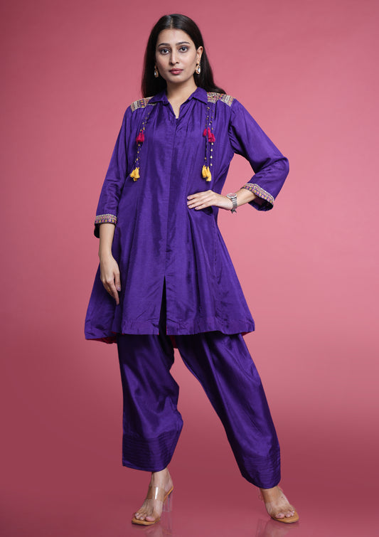Dola Silk Zardozi Set With Farshi Pant- Purple