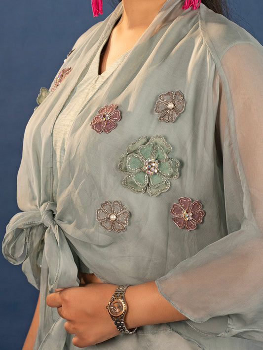 3D Floral Motif Crop Jacket & Palazzo Set - Sage Green