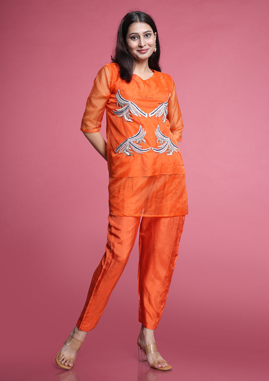 Fanta Orange Organza Embroidered 3 Piece Co-Ord Set