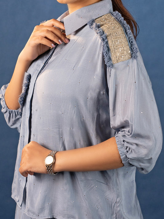 Muslin Shirt & Palazzo With Zardozi Patchwork - Powder Blue