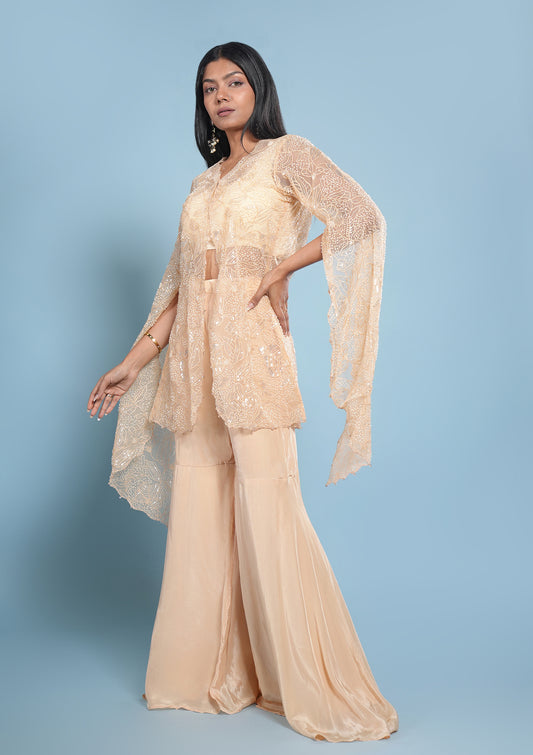 Beige Pearl Cape Sharara Set